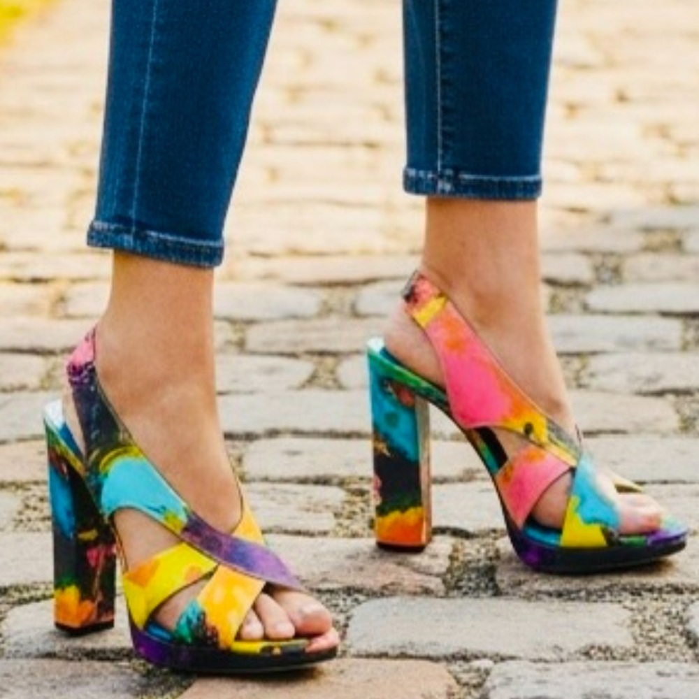 Balenciaga Blue Multicolor Criss Crossed Women's Heeled Sandals 9.5 - Picture 4 of 12